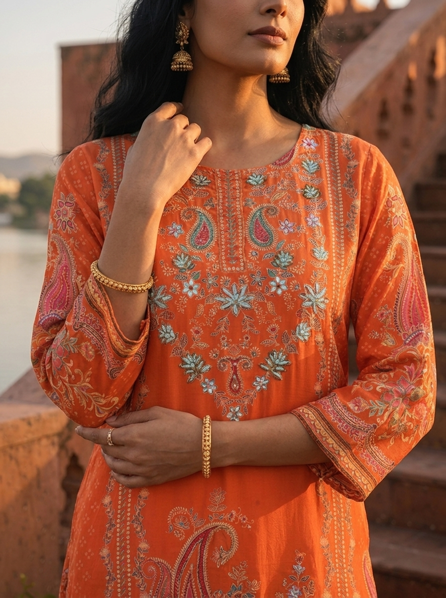 Orange Crepe Paisley Buta With Geometric Dots Printed Three Piece Set