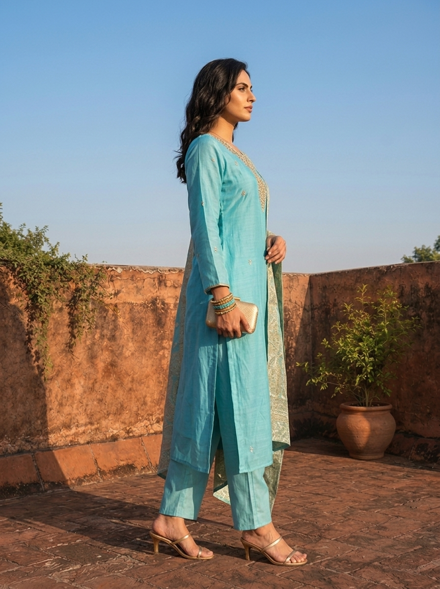 Sky Blue Muslin Heavy Zari Embroidered Three Piece Set