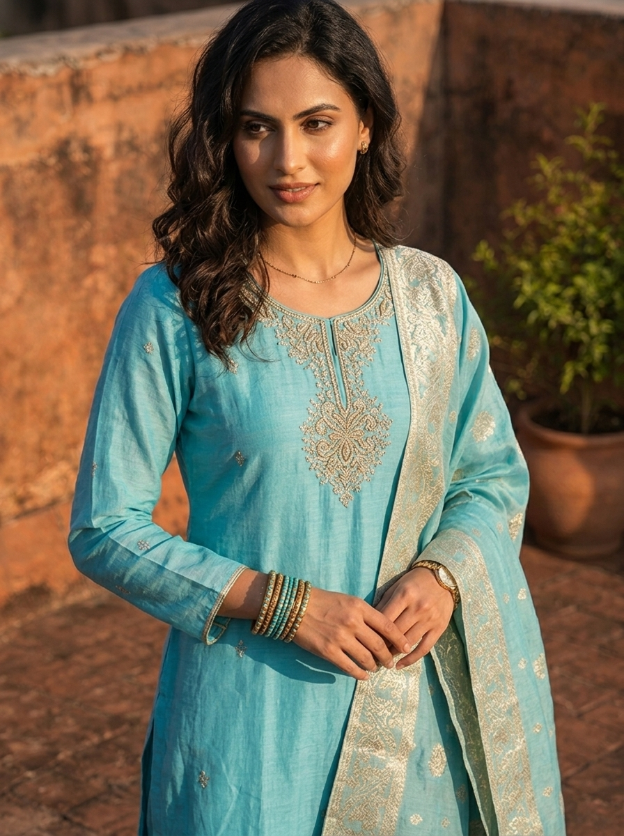 Sky Blue Muslin Heavy Zari Embroidered Three Piece Set