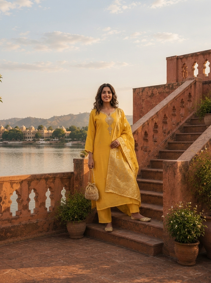 Yellow Muslin Heavy Double Pendant Embroidered Three Piece Set