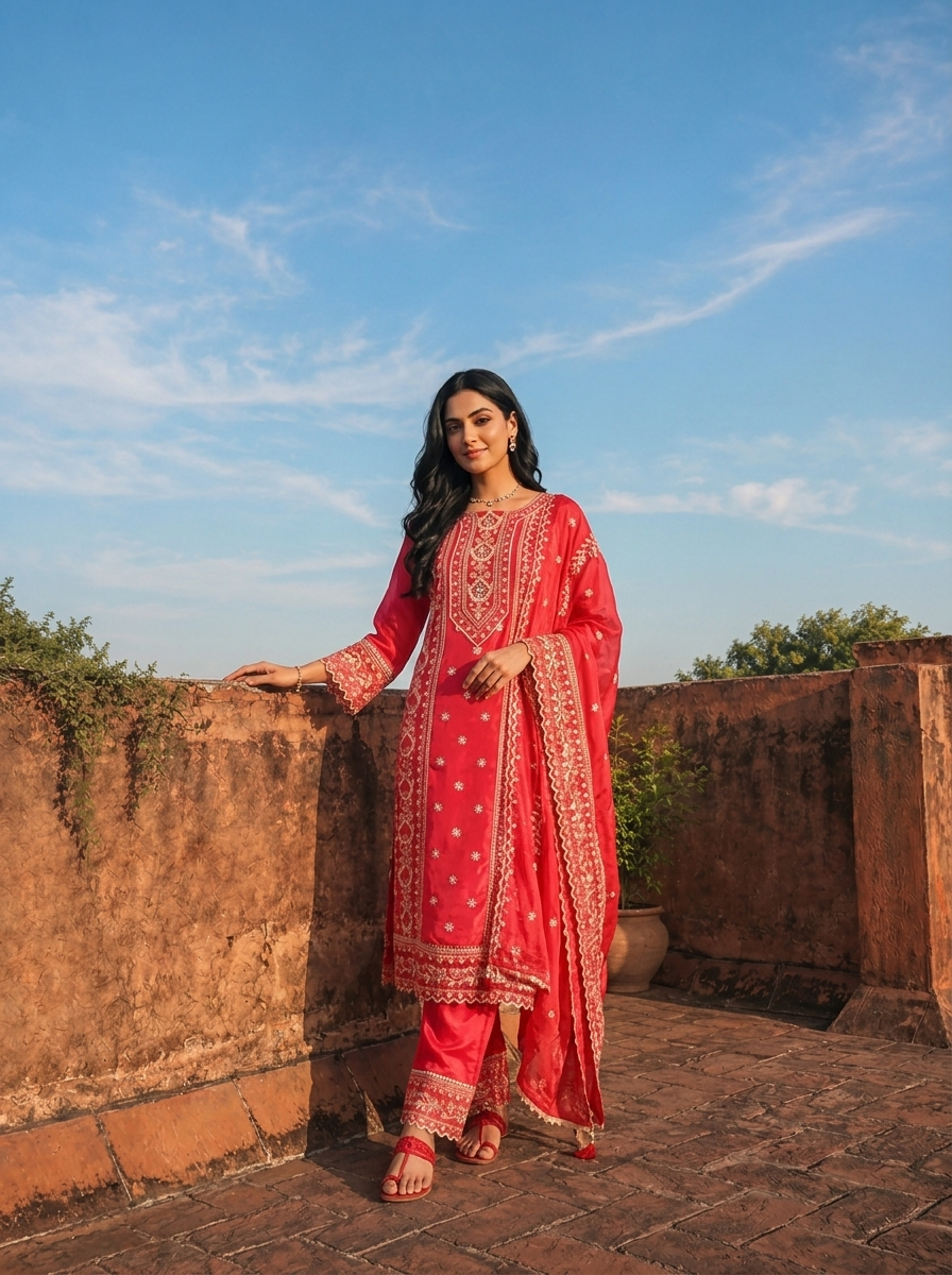 Rani Pink Cotton Tiny Floral Butis Printed Three Piece Set