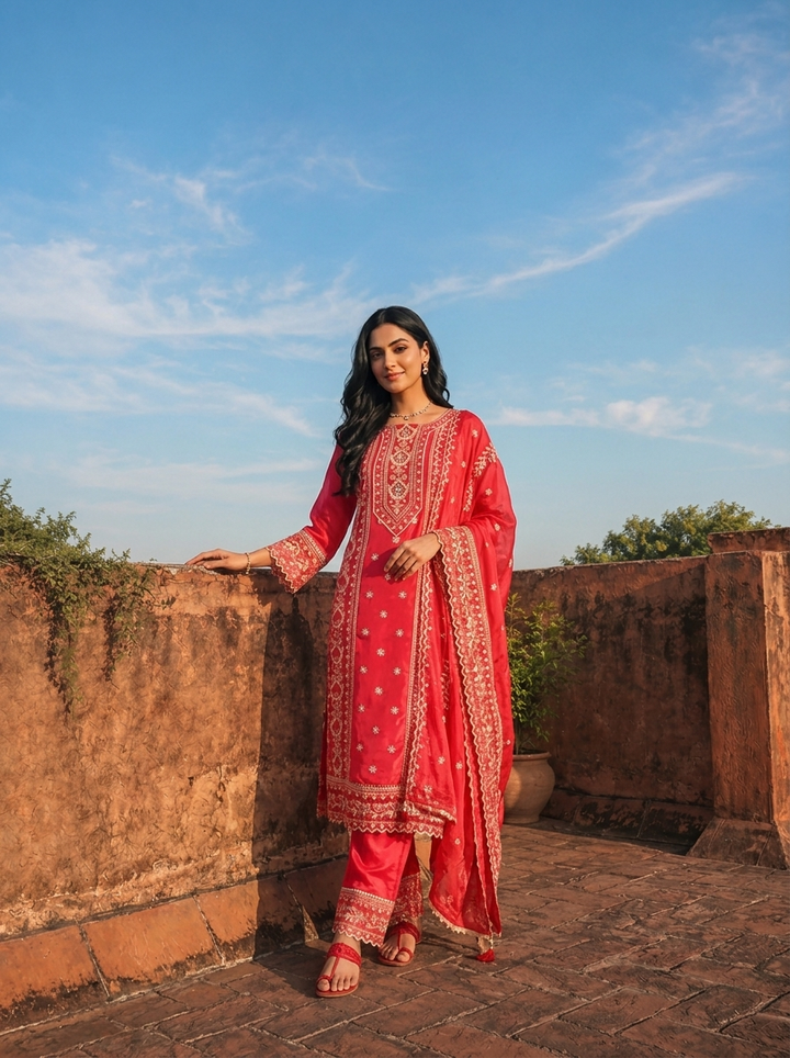Rani Pink Cotton Tiny Floral Butis Printed Three Piece Set