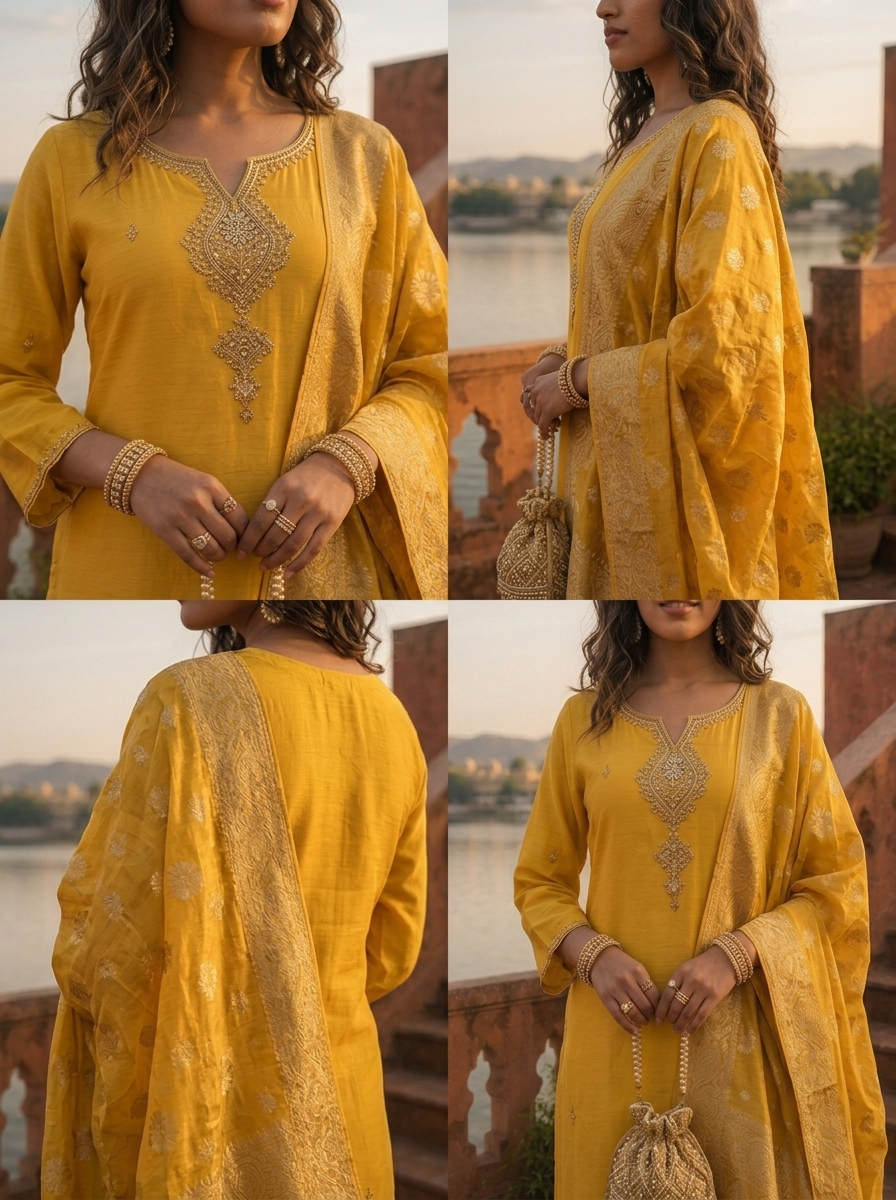Yellow Muslin Heavy Double Pendant Embroidered Three Piece Set