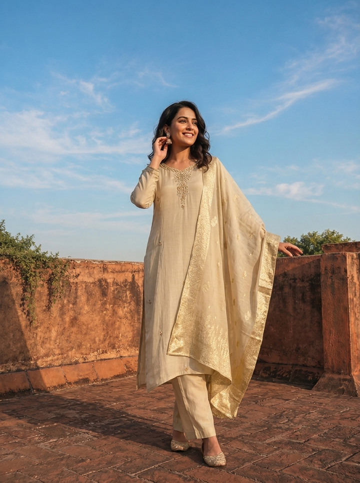 Grey Muslin Zardozi Stone Embroidered Three Piece Set