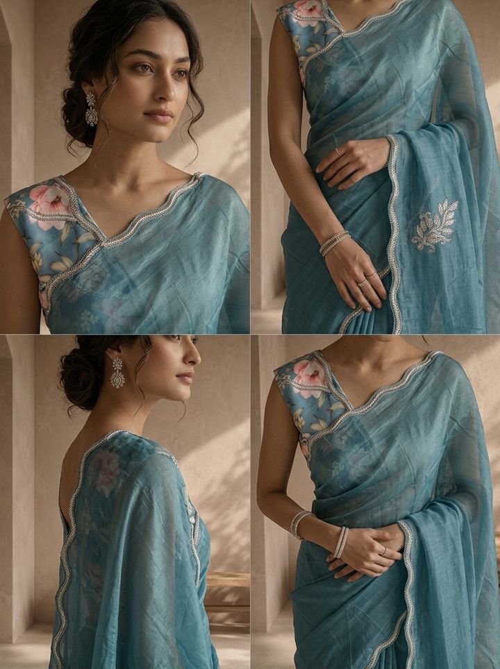 Sea Blue Organza Embroidered Saree With Scallop Gota Border