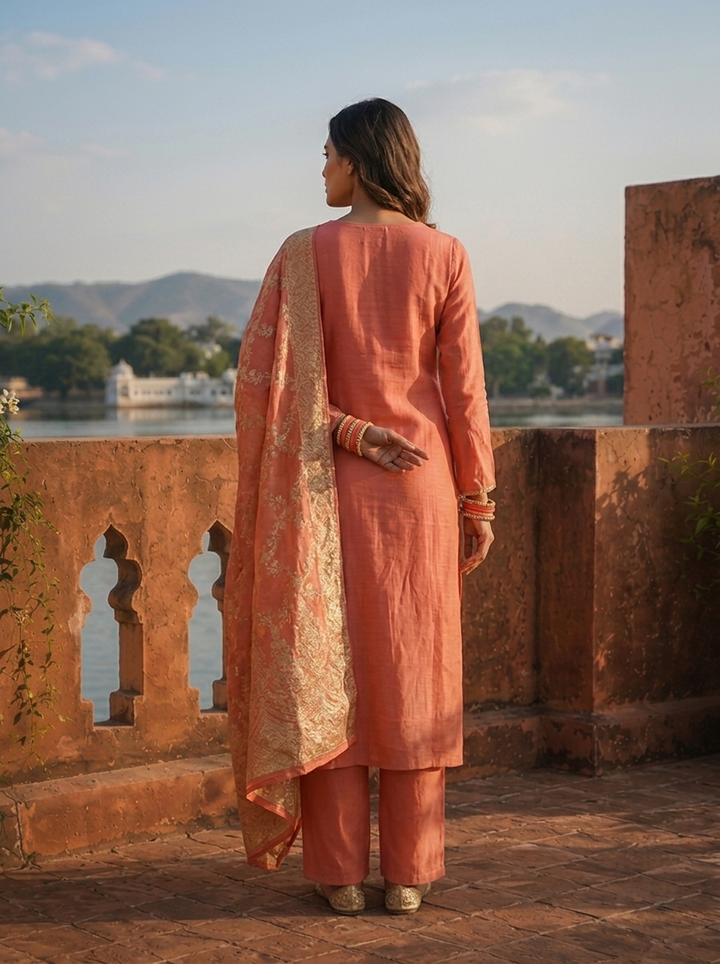 Onion Muslin Paisley Motif Embroidered Three Piece Set