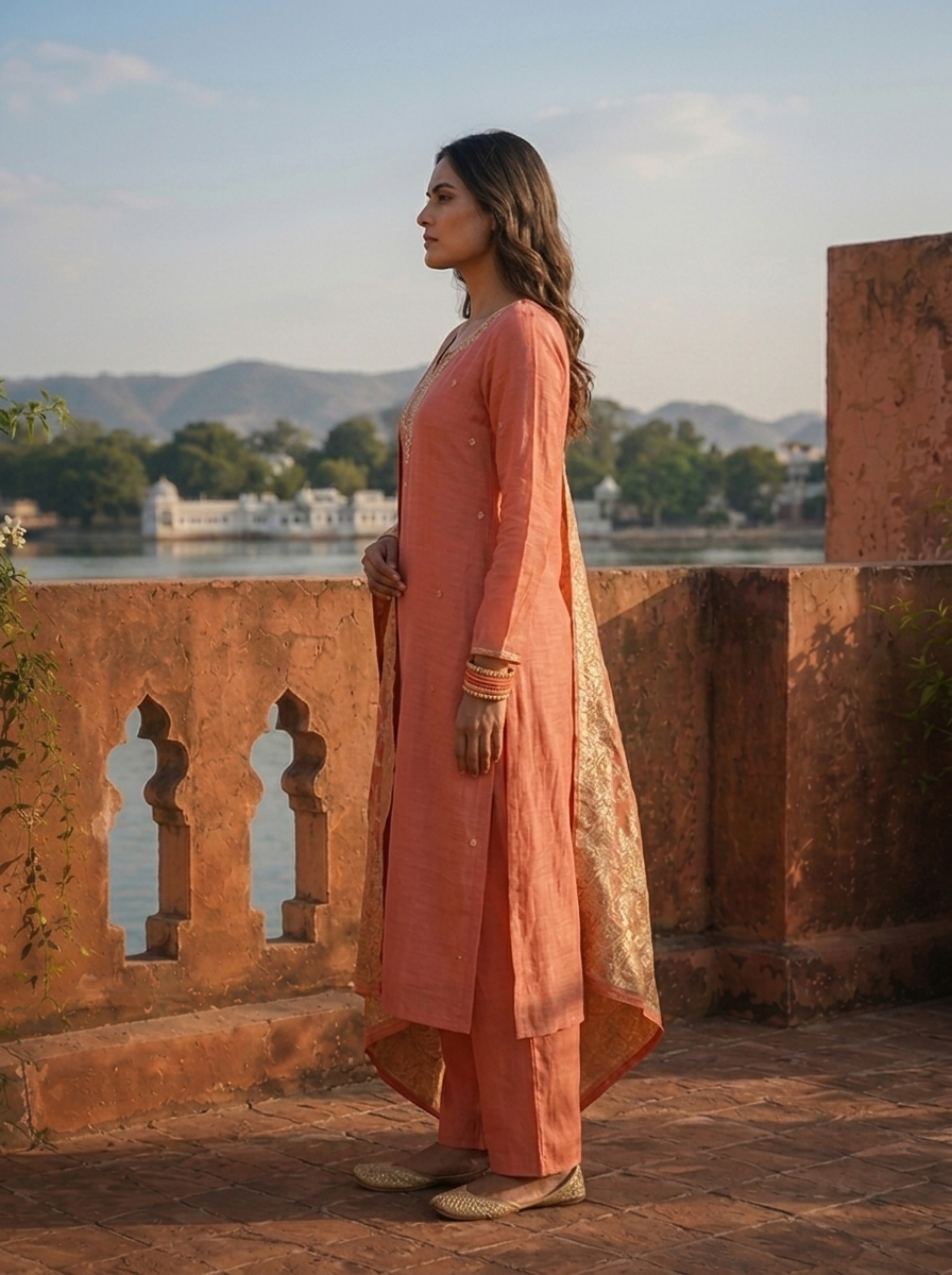 Onion Muslin Paisley Motif Embroidered Three Piece Set