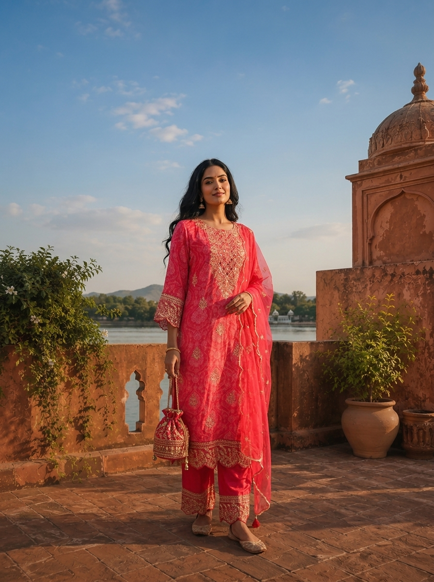 Magenta Muslin Floral Booti Printed Three Piece Set