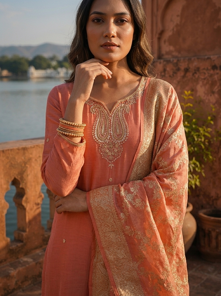 Onion Muslin Paisley Motif Embroidered Three Piece Set