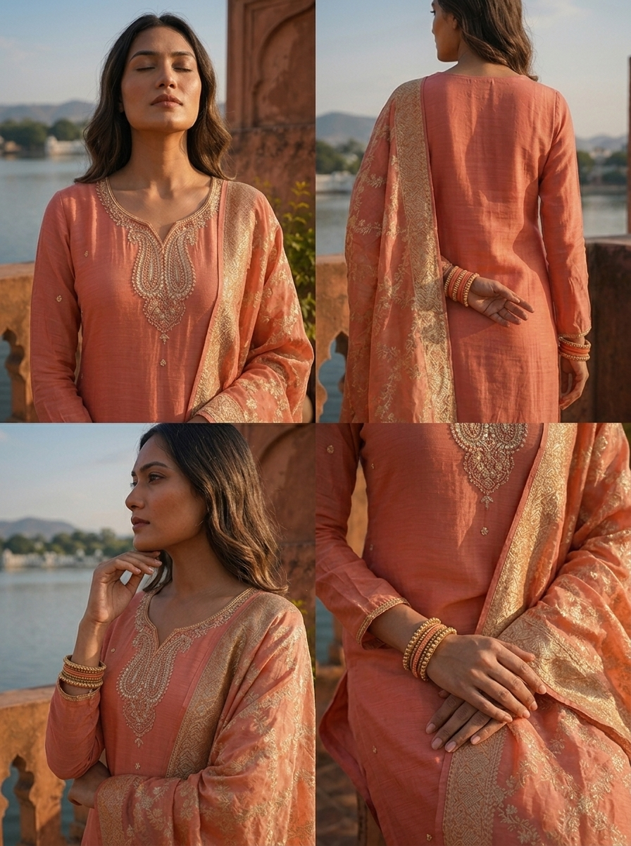 Onion Muslin Paisley Motif Embroidered Three Piece Set
