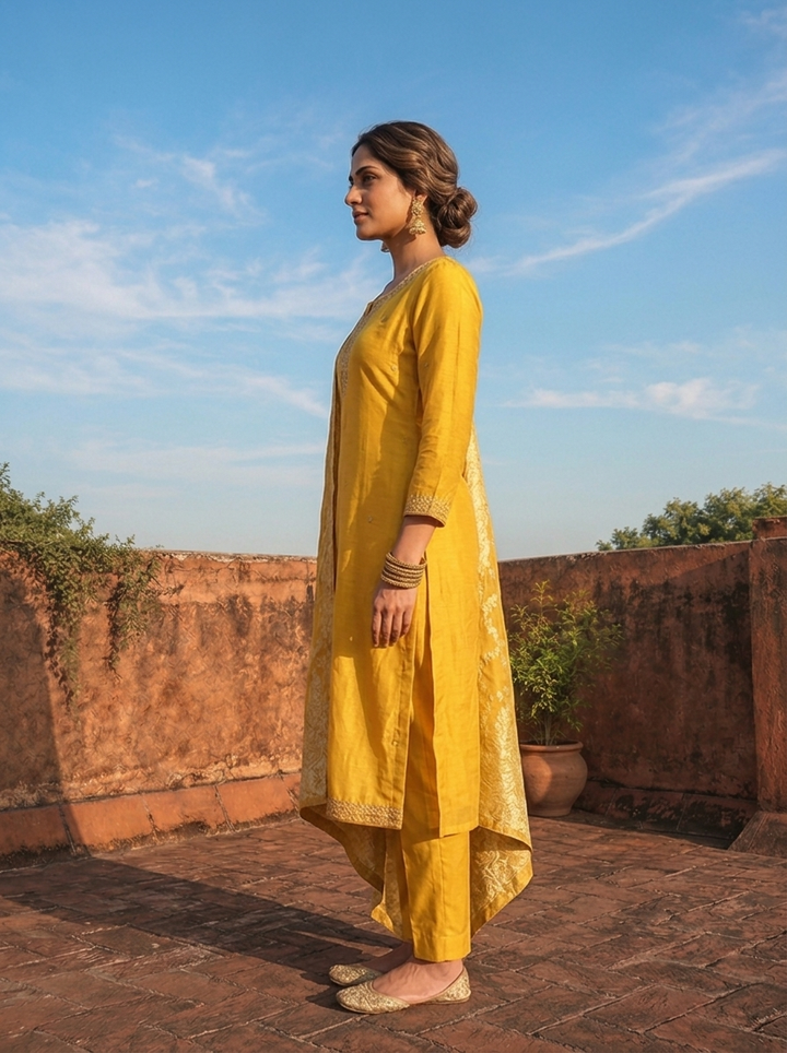Yellow Muslin Paisley Motif Embroidered Three Piece Set