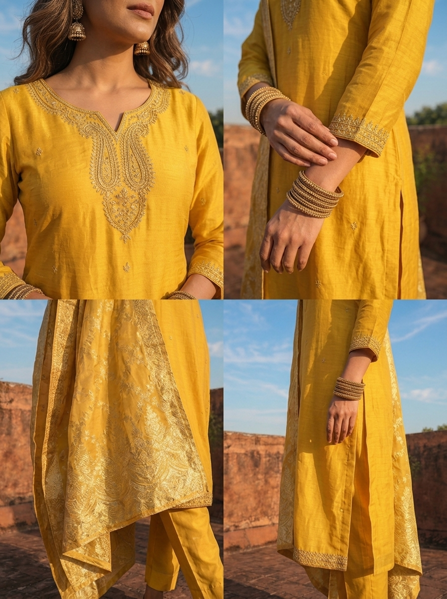 Yellow Muslin Paisley Motif Embroidered Three Piece Set