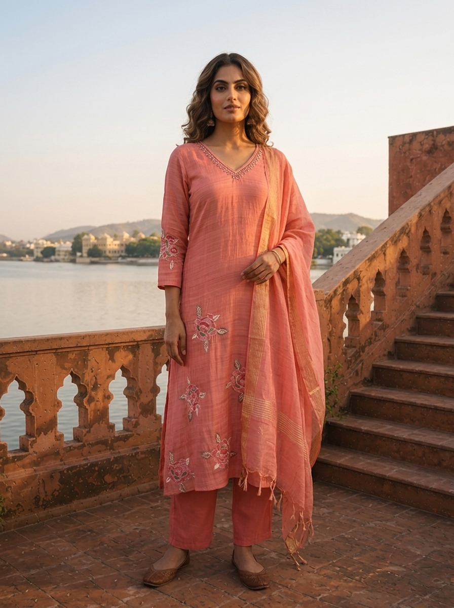 Onion Silk Floral Motif Embroidered Three Piece Set
