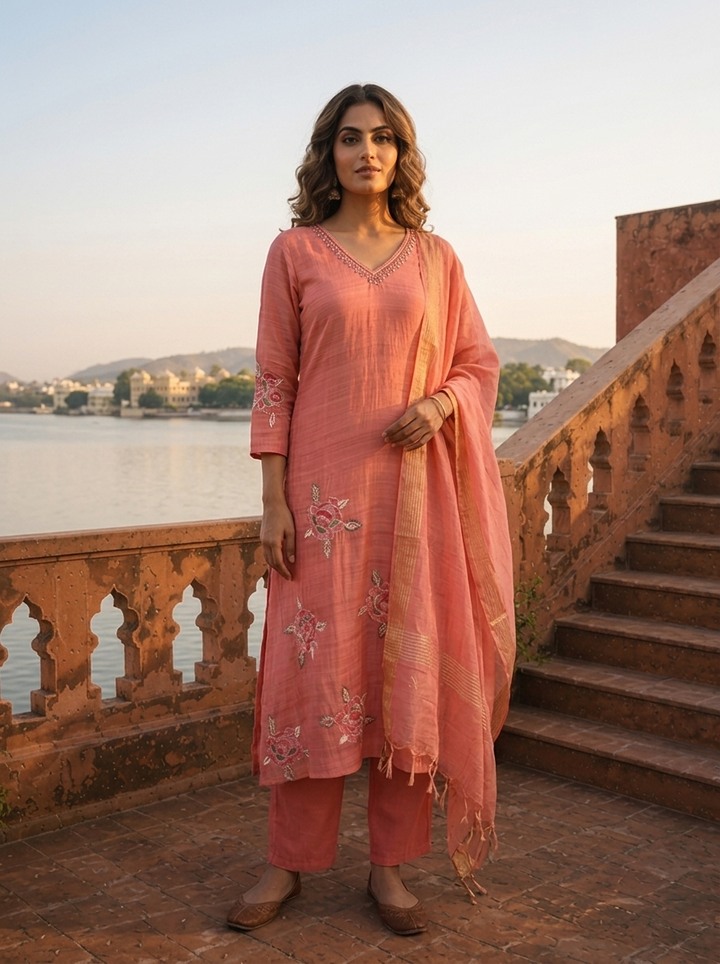 Onion Silk Floral Motif Embroidered Three Piece Set