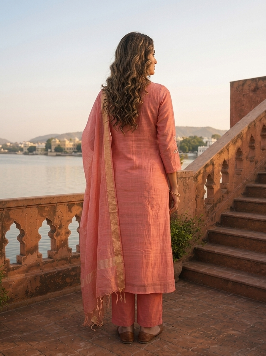 Onion Silk Floral Motif Embroidered Three Piece Set