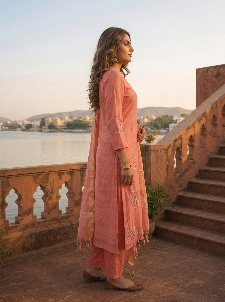 Onion Silk Floral Motif Embroidered Three Piece Set