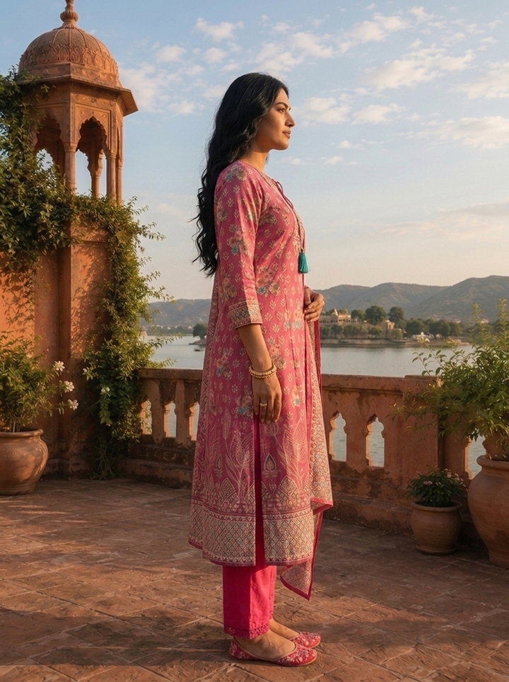 Magenta Silk Ajrakh Block Printed Three Piece Set