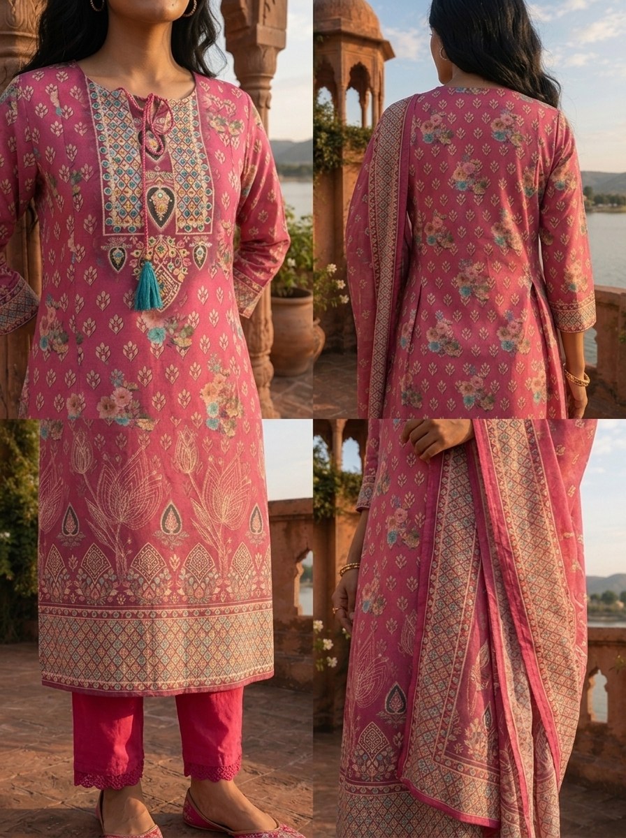 Magenta Silk Ajrakh Block Printed Three Piece Set