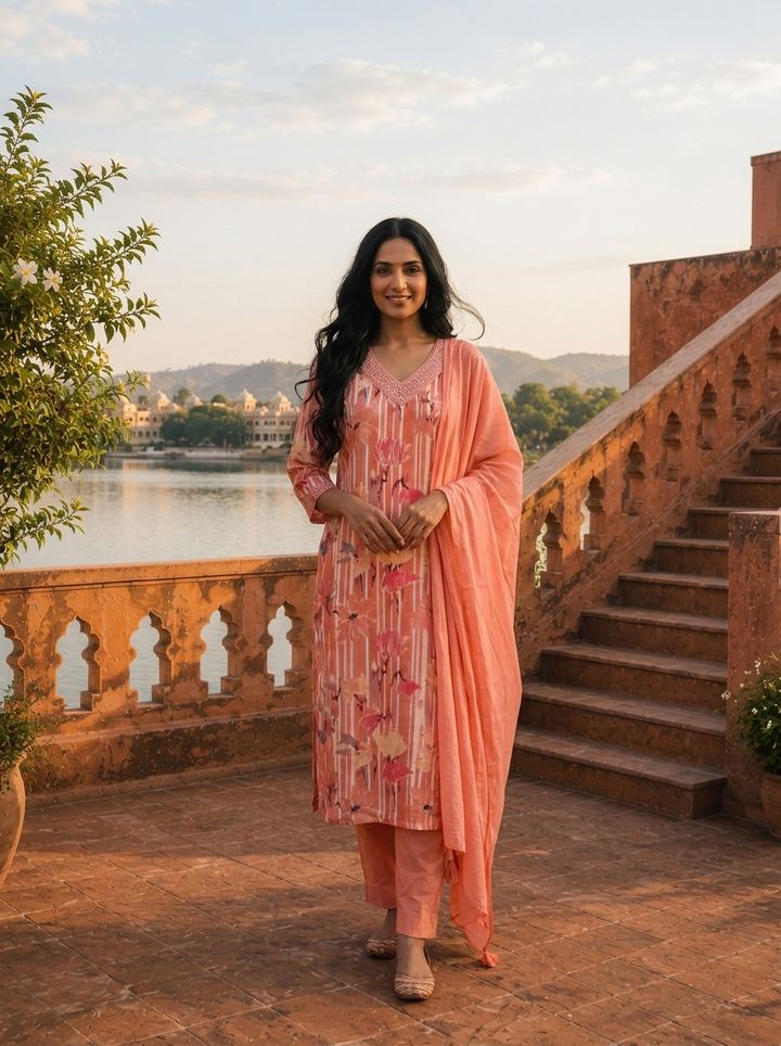 Peach Cotton Lotus Floral Printed Three Piece Set
