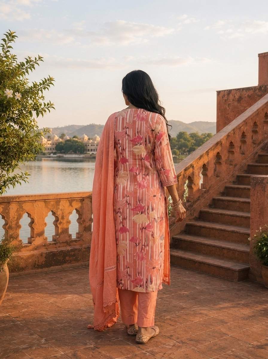 Peach Cotton Lotus Floral Printed Three Piece Set