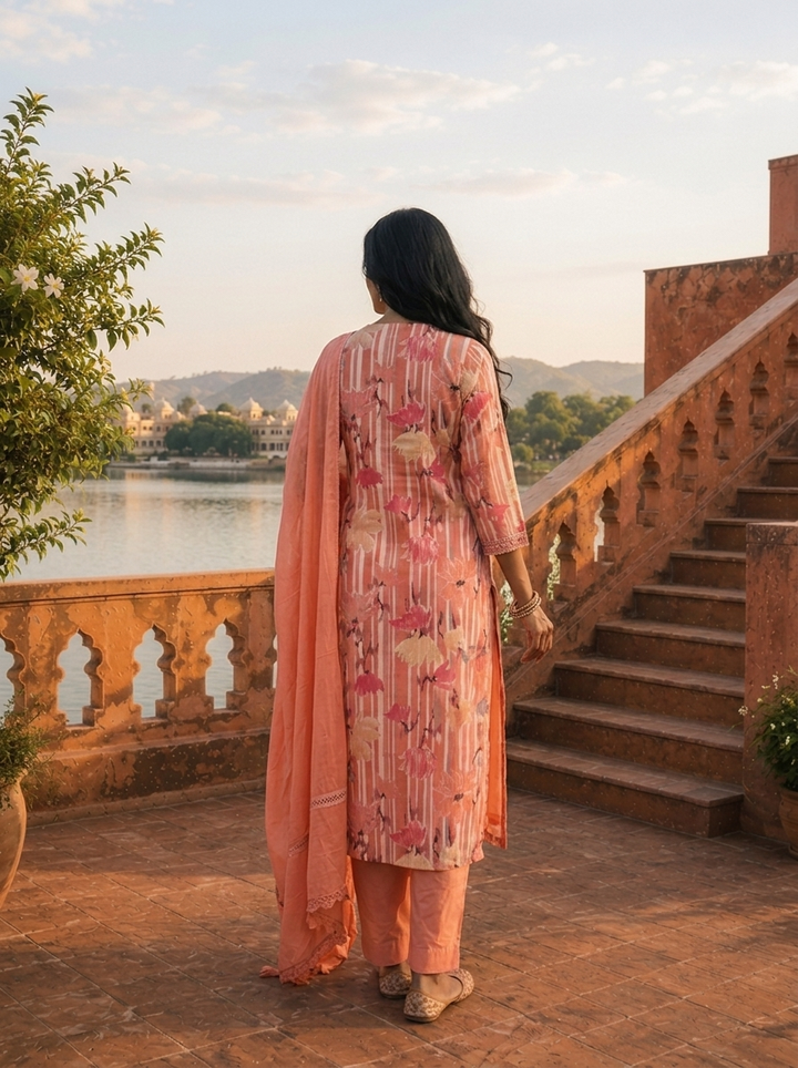 Peach Cotton Lotus Floral Printed Three Piece Set