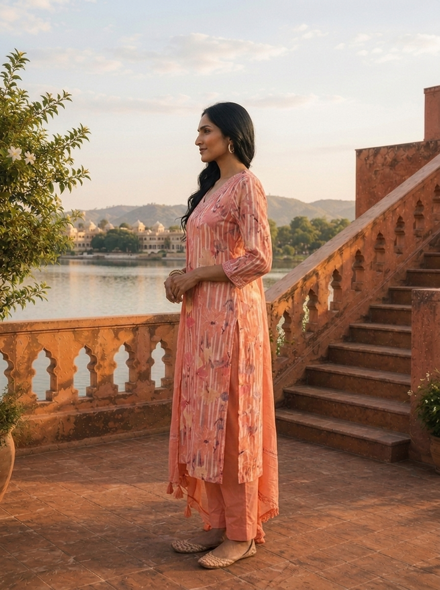 Peach Cotton Lotus Floral Printed Three Piece Set