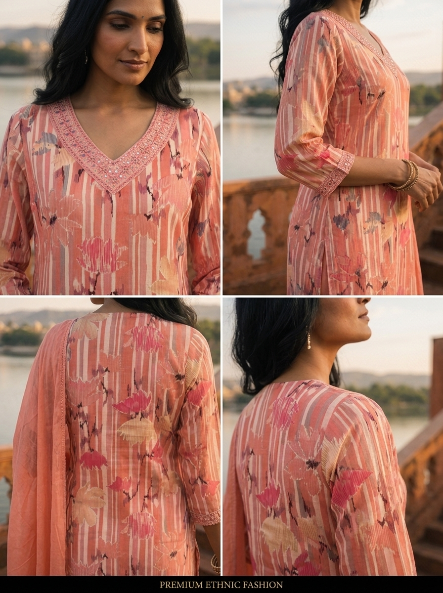 Peach Cotton Lotus Floral Printed Three Piece Set