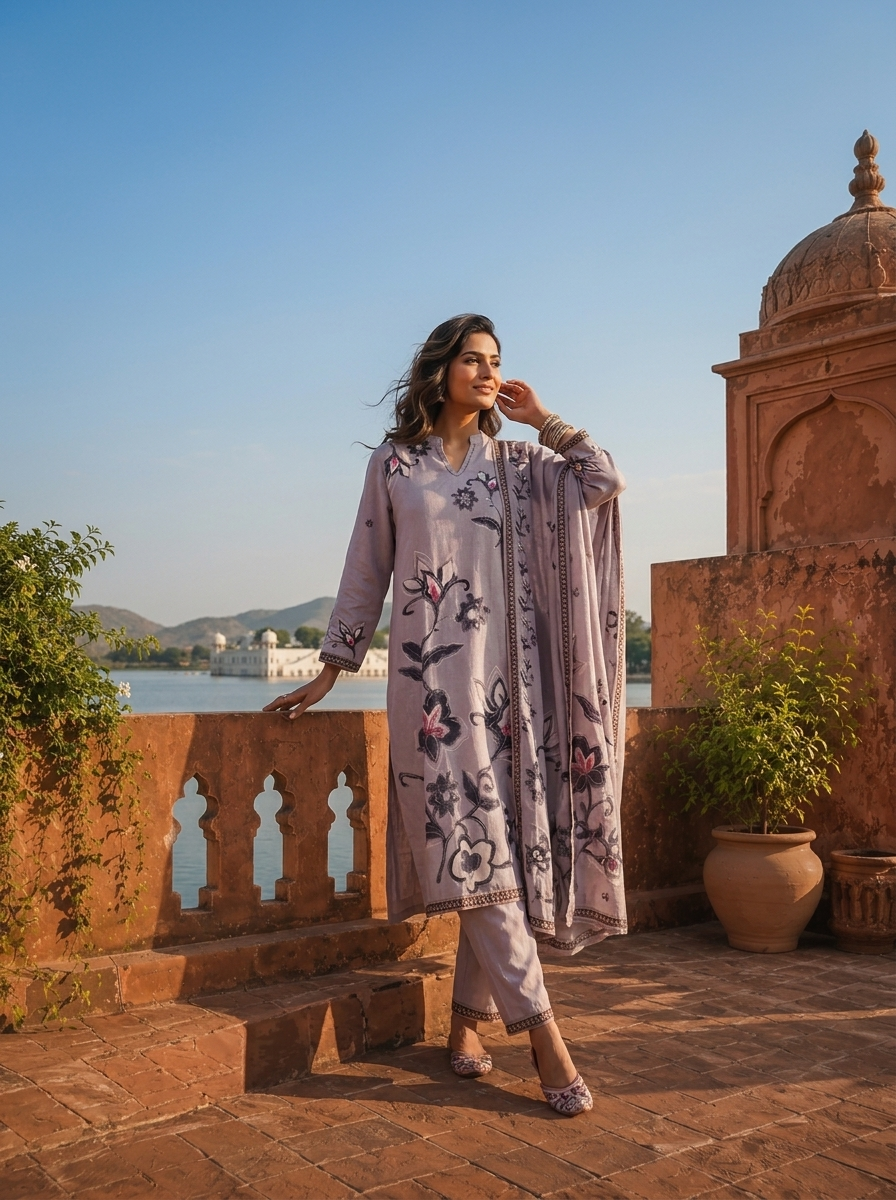 Grey Cotton Floral Digital Printed Three Piece Set