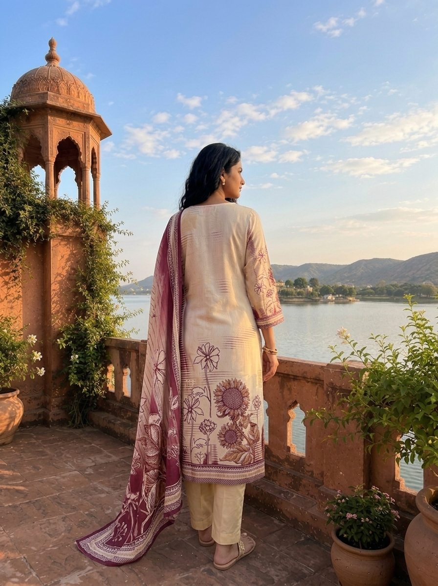 Wine Rayon Bagru Block Printed Three Piece Set