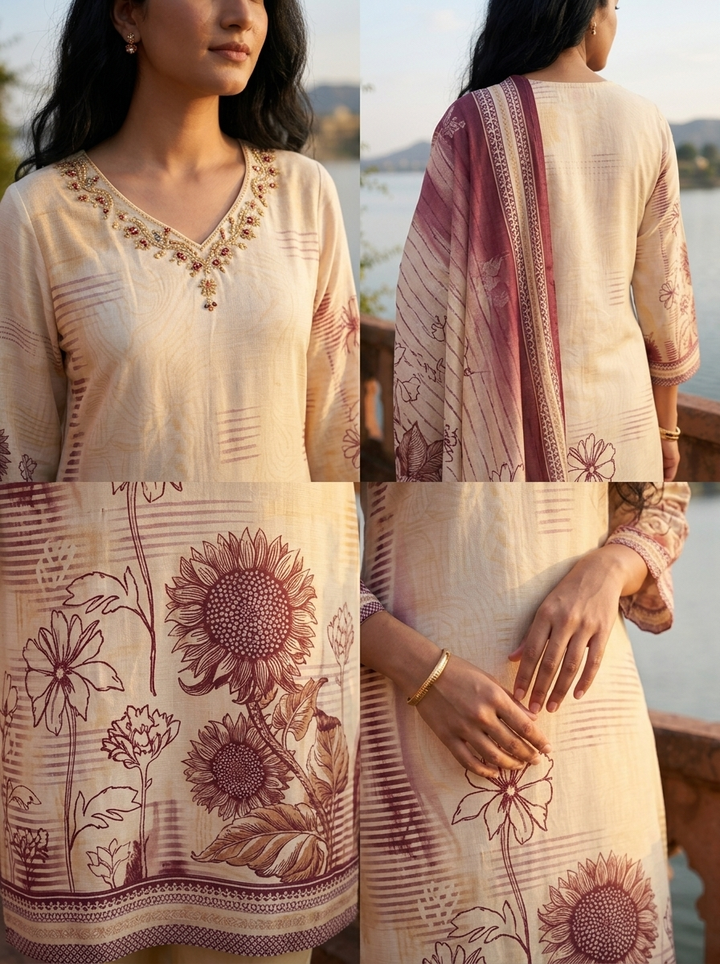 Wine Rayon Bagru Block Printed Three Piece Set