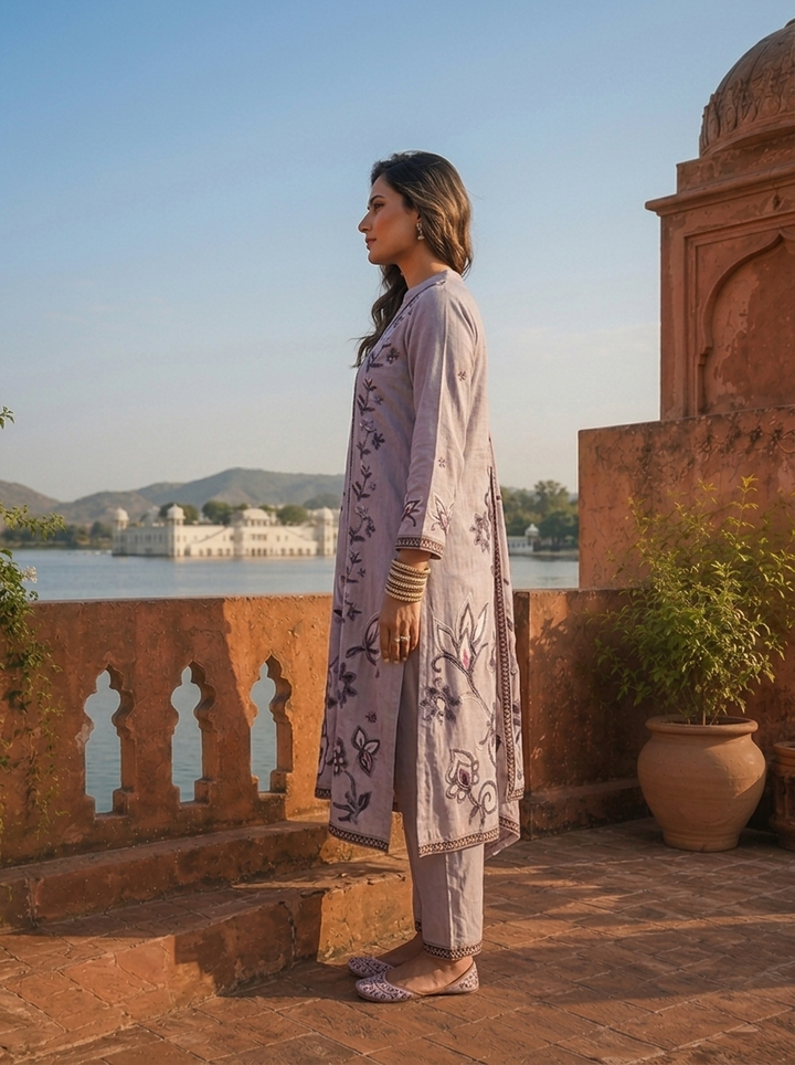 Grey Cotton Floral Digital Printed Three Piece Set