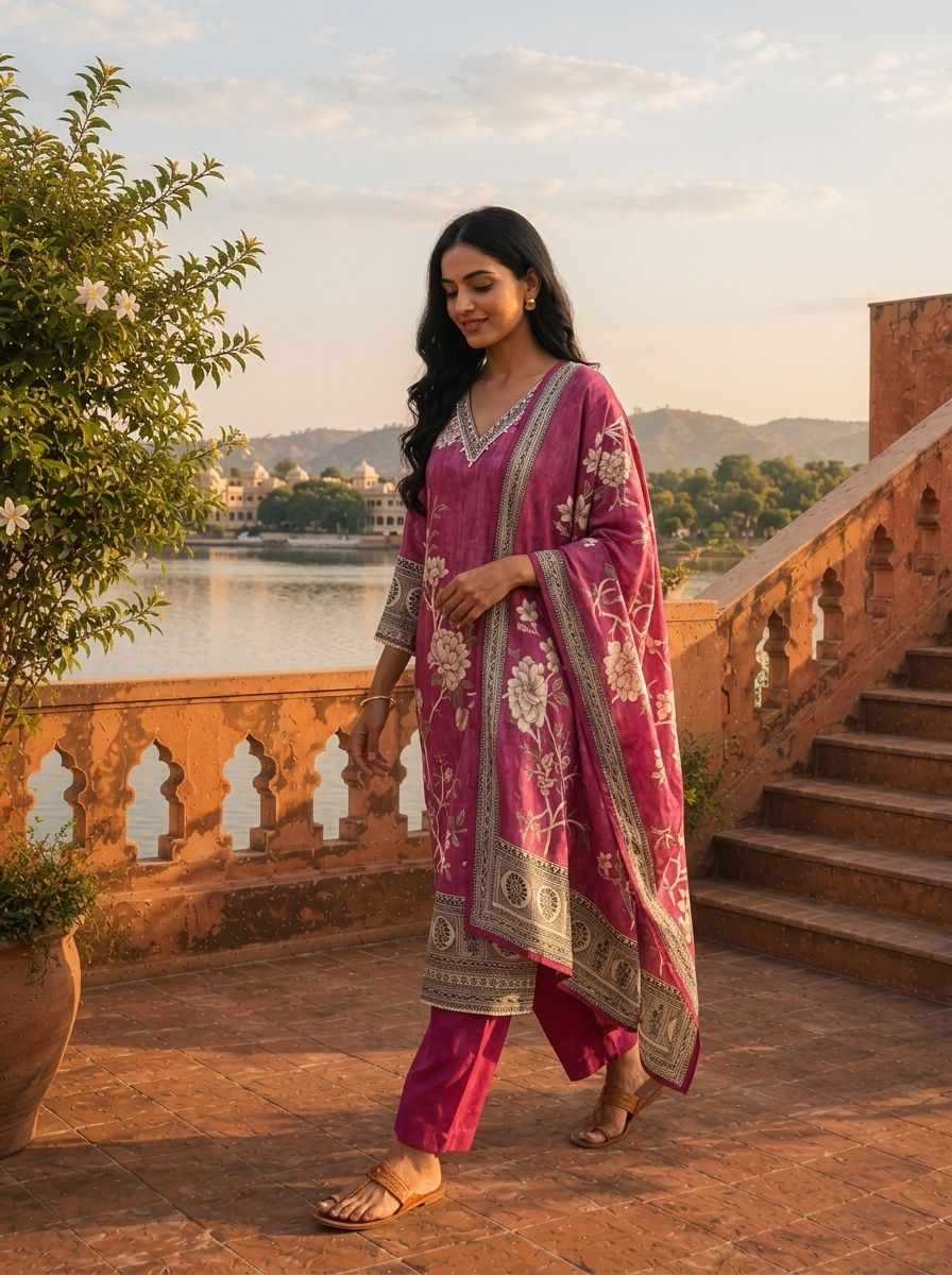 Magenta Muslin Floral Jaal Printed Three Piece Set