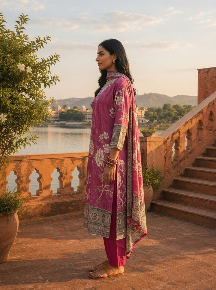 Magenta Muslin Floral Jaal Printed Three Piece Set