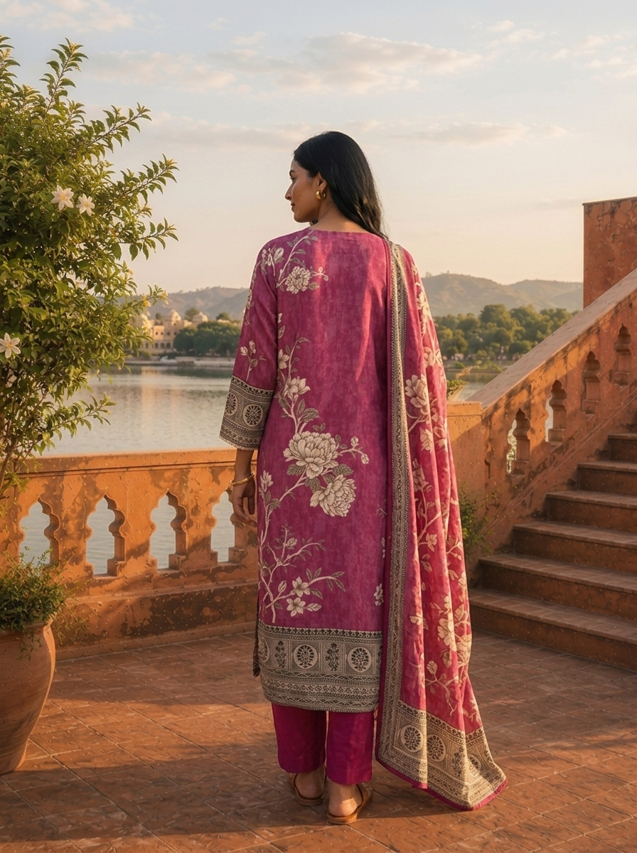 Magenta Muslin Floral Jaal Printed Three Piece Set