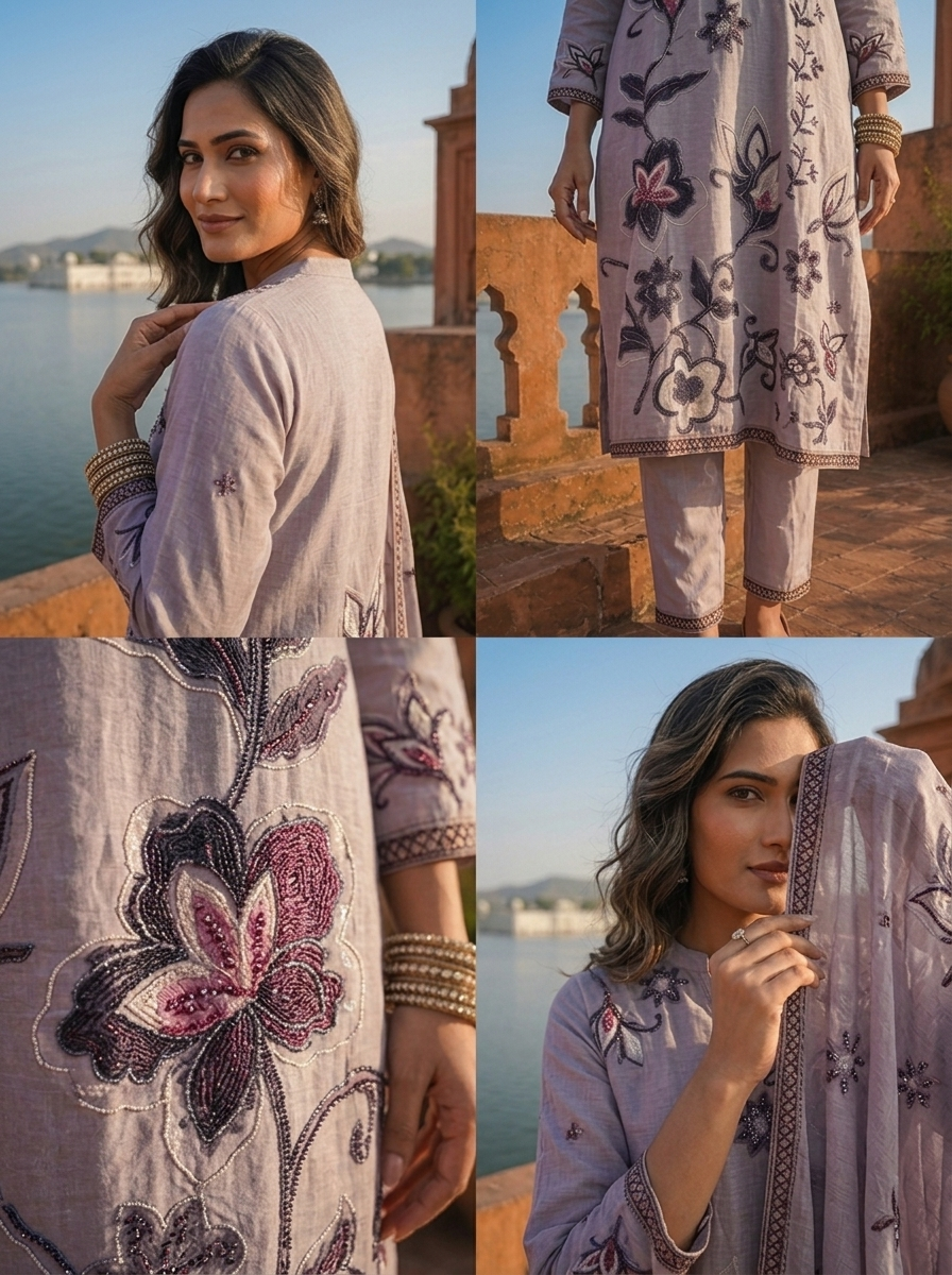 Grey Cotton Floral Digital Printed Three Piece Set