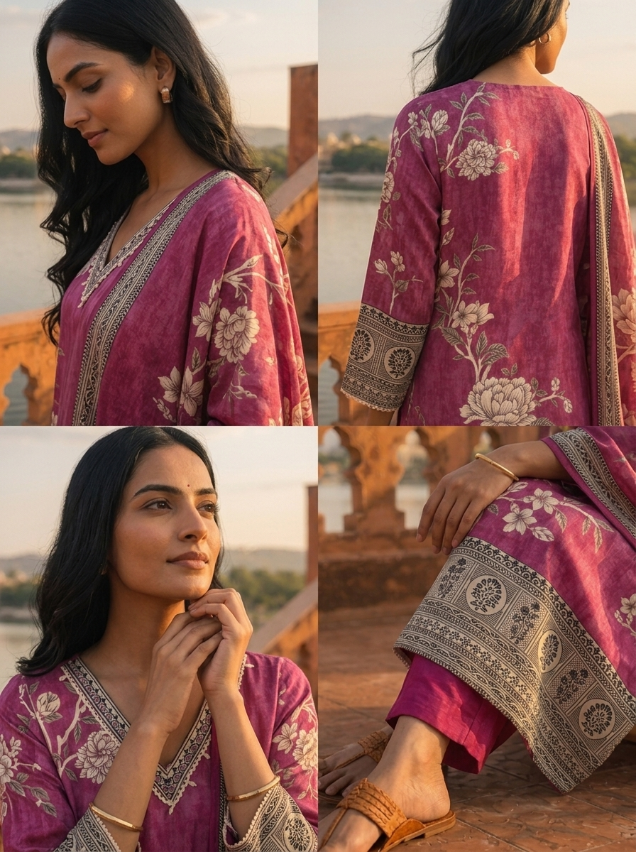 Magenta Muslin Floral Jaal Printed Three Piece Set