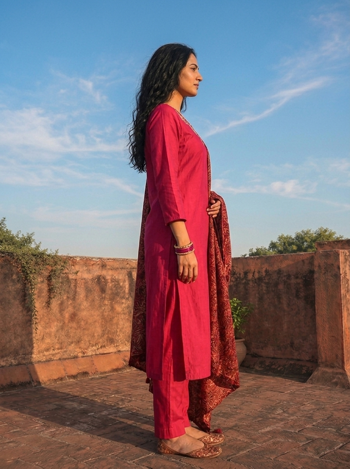 Magenta Cotton Floral Embroidered Three Piece Set