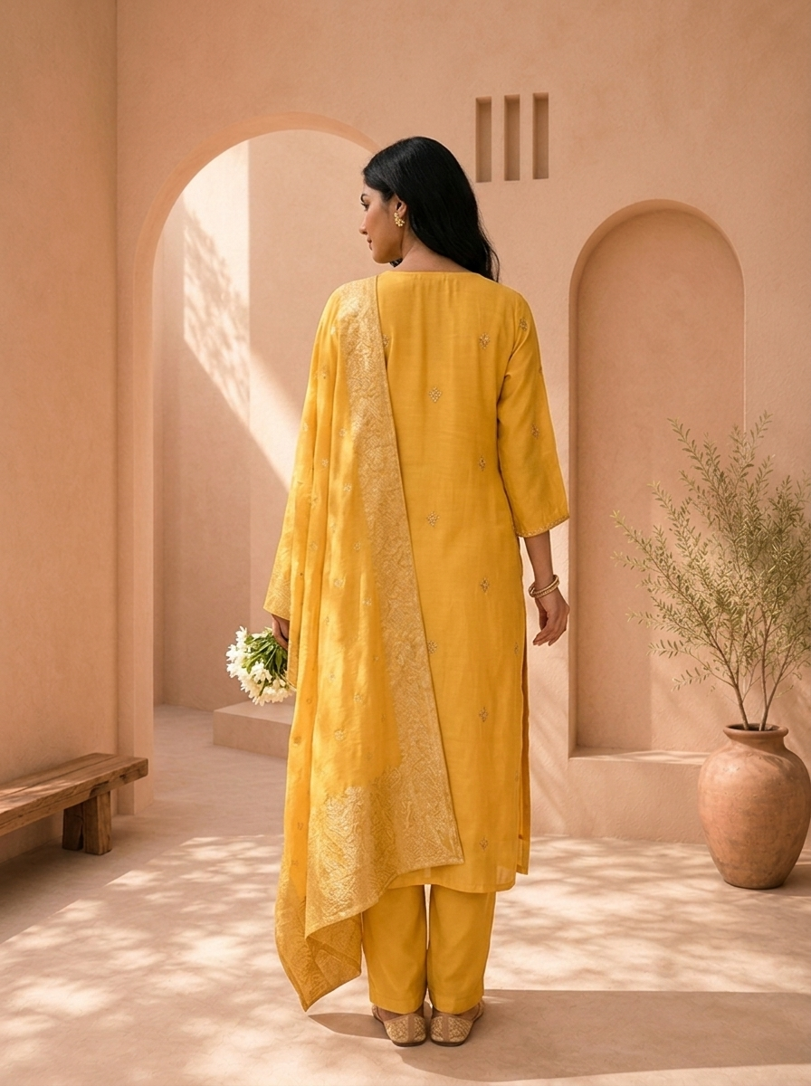 Yellow Muslin Heavy Stone And Zari Embroidered Three Piece Set