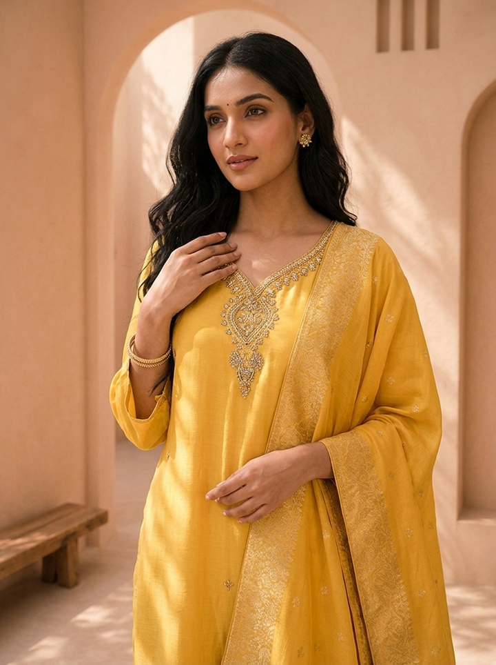 Yellow Muslin Heavy Stone And Zari Embroidered Three Piece Set