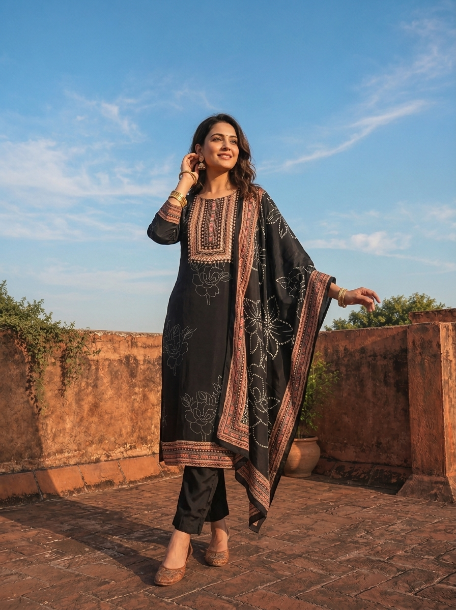 Black Crepe Botanical Motif Printed Three Piece Set