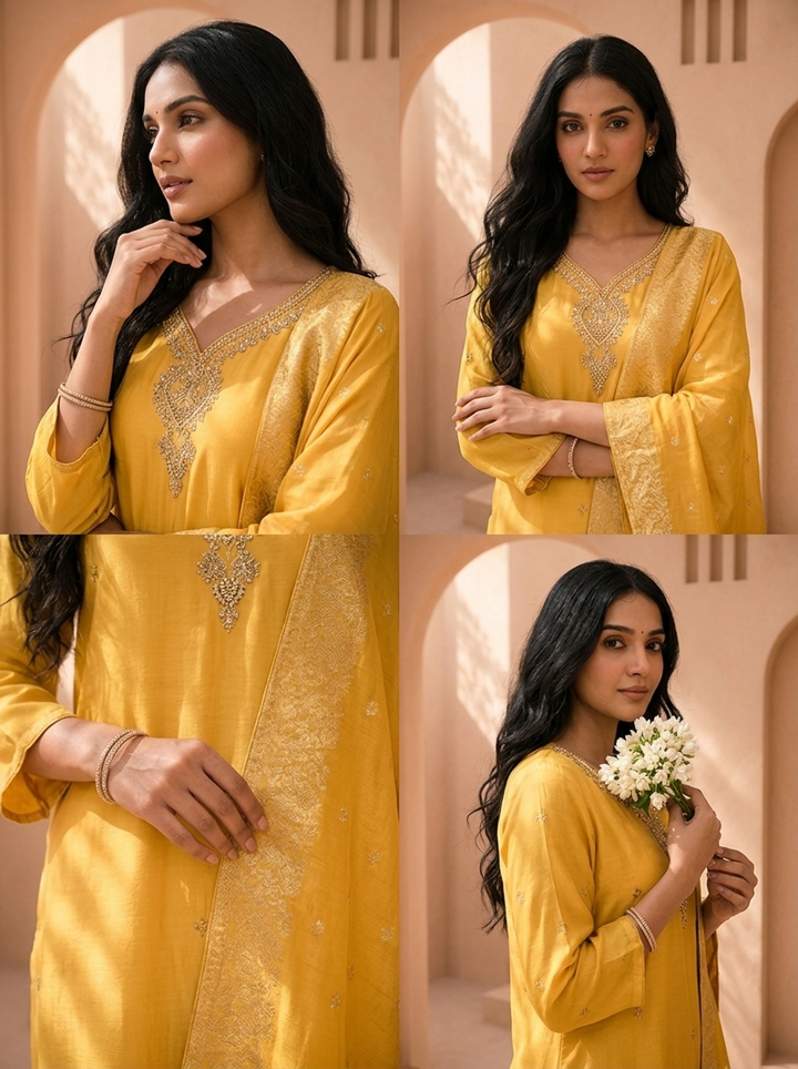 Yellow Muslin Heavy Stone And Zari Embroidered Three Piece Set