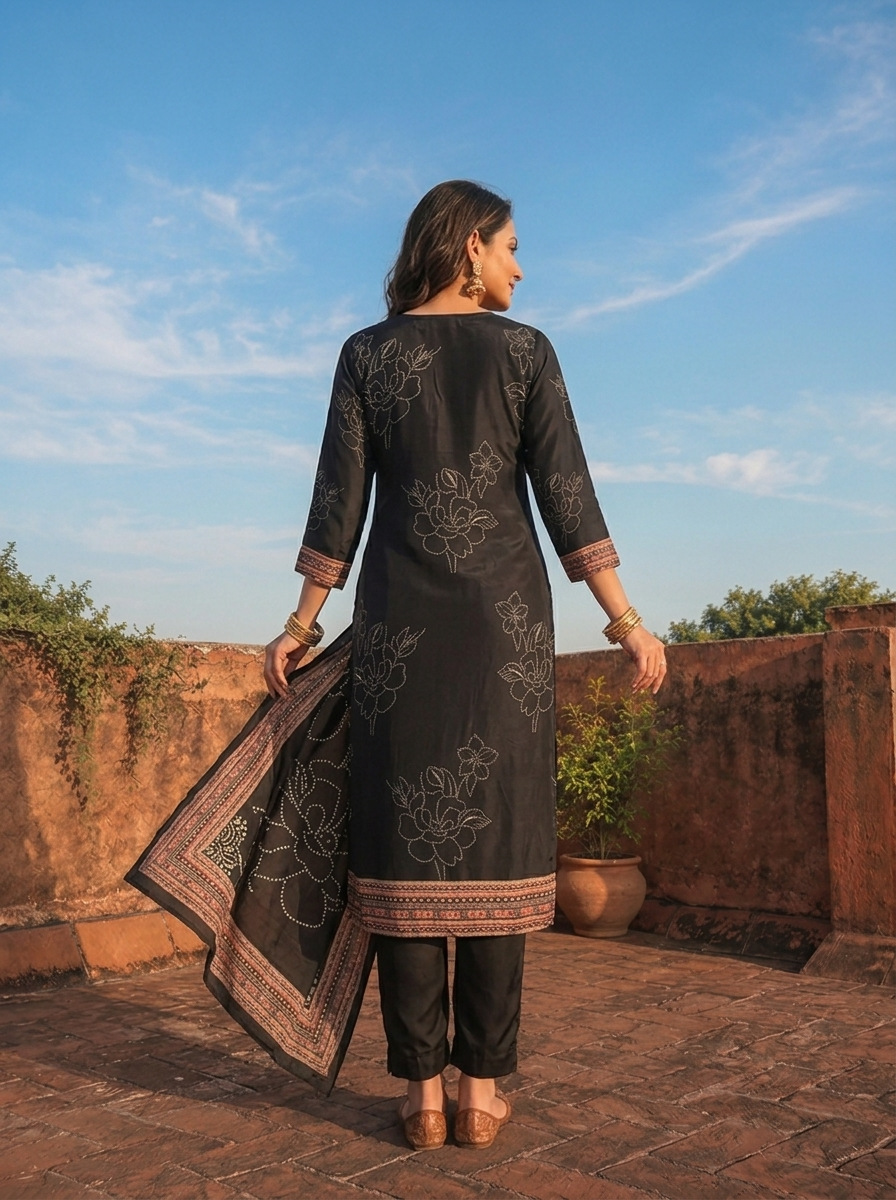 Black Crepe Botanical Motif Printed Three Piece Set