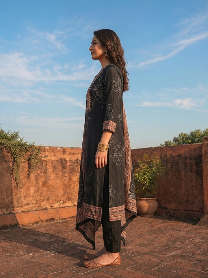 Black Crepe Botanical Motif Printed Three Piece Set