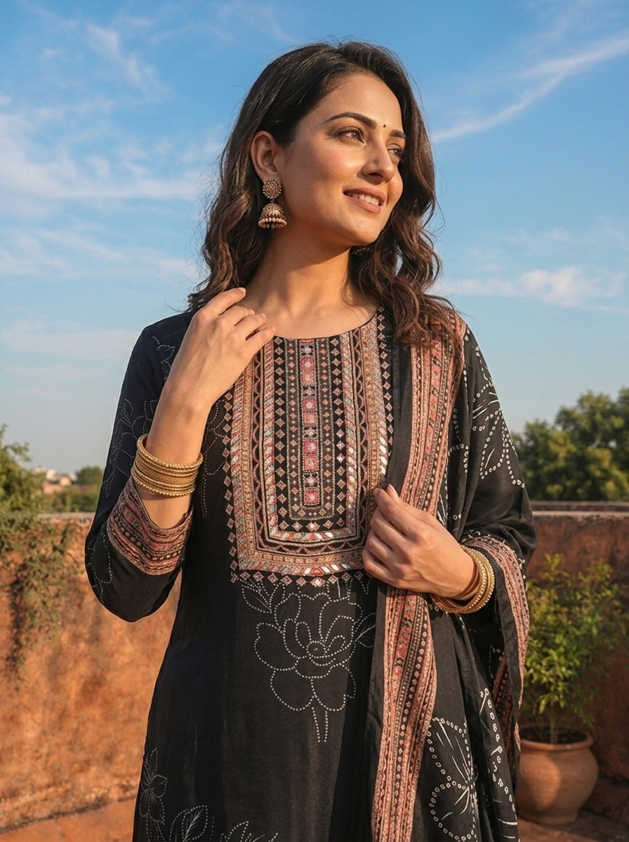 Black Crepe Botanical Motif Printed Three Piece Set
