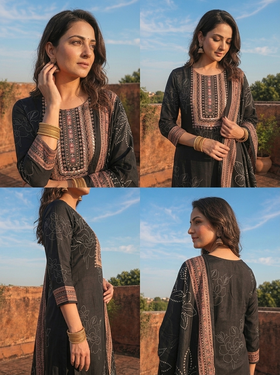 Black Crepe Botanical Motif Printed Three Piece Set