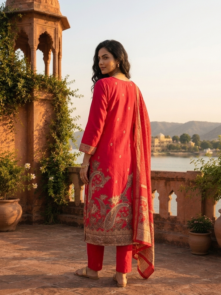 Rani Pink Silk Large Paisley Printed Three Piece Set