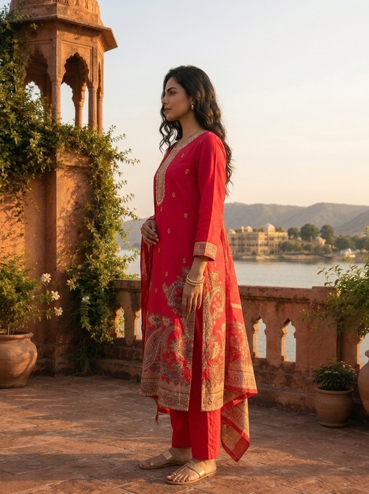Rani Pink Silk Large Paisley Printed Three Piece Set