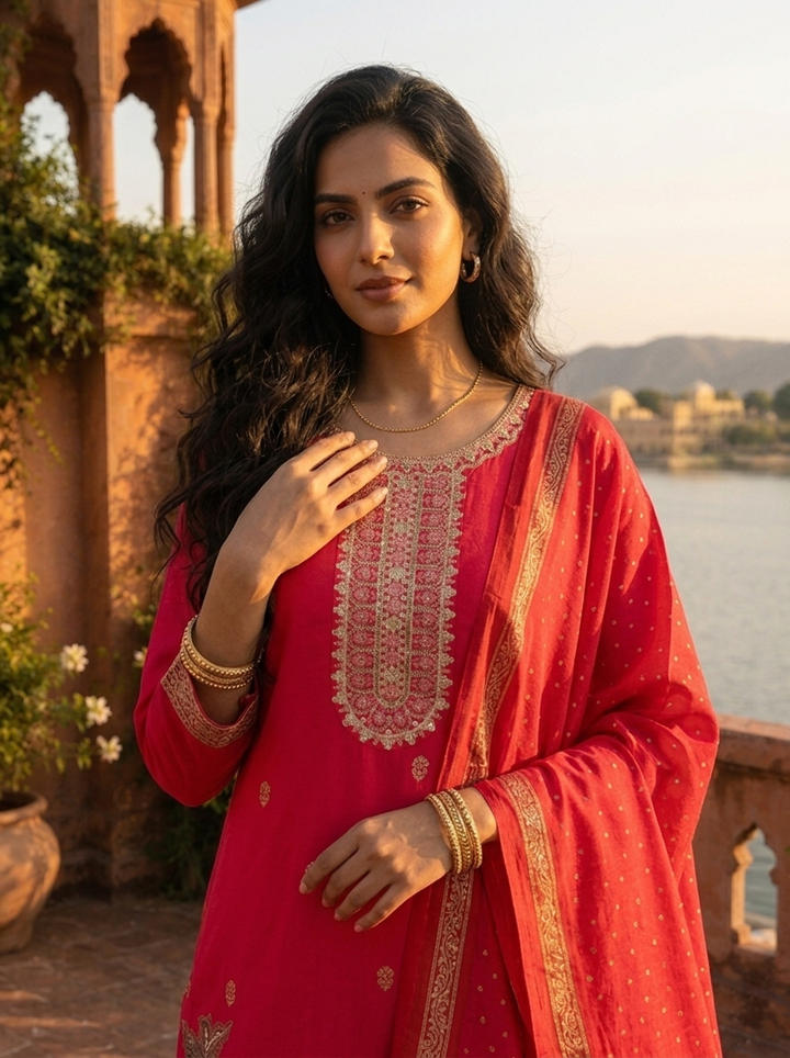 Rani Pink Silk Large Paisley Printed Three Piece Set