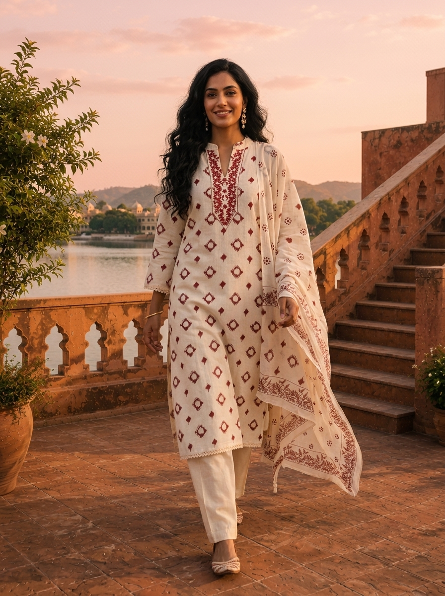 Maroon Cotton Ikat Printed Three Piece Set