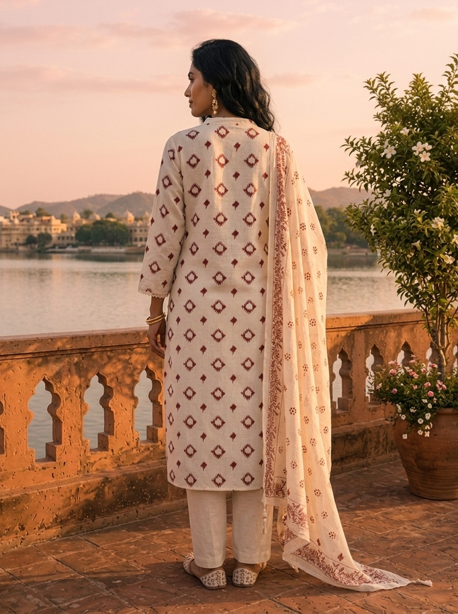 Maroon Cotton Ikat Printed Three Piece Set
